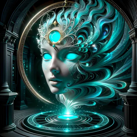 magic circle, a large dark mysterious room with many dark glossy objects, in the center of this dark hall the ghostly cyan color light of the magic circle shines, the ghostly cyan color light from the magic circle reflects from the glossy faces of many obj...