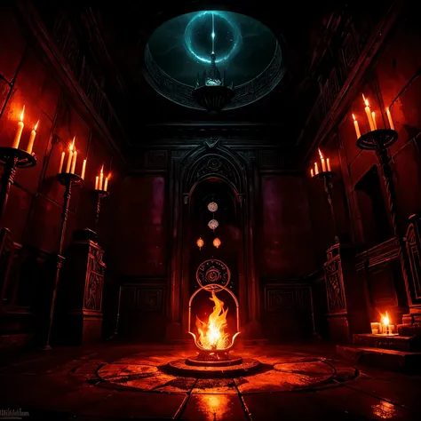 Intricate magic circle glowing with power, trapped succubus pleading for help, volcanic chamber, fiery red chamber walls, billowing smoke, intense heat, ancient runes inscribed on the floor, glowing symbols, flickering flames, ethereal atmosphere, mystical...