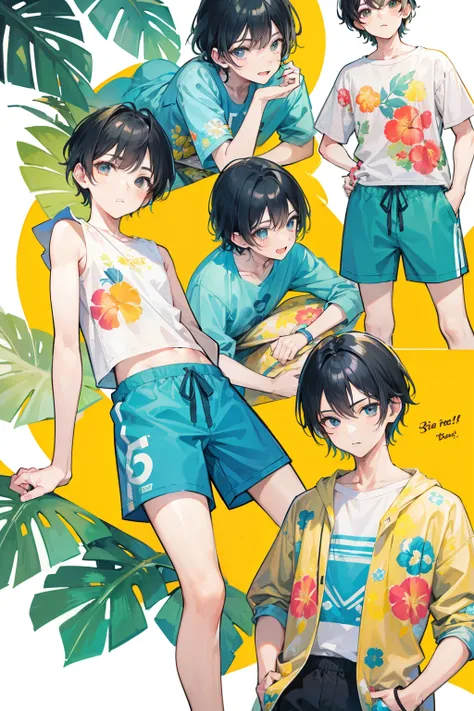 Fifteen-year-old boy character, dressed in shorts boasting vibrant tropical flower prints, offers various poses on the same page. His facial expressions alter, capturing a range of emotions. The full-body illustration showcases the intricately designed sho...