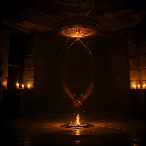 Intricate magic circle glowing with power, trapped succubus pleading for help, volcanic chamber, fiery red chamber walls, billowing smoke, intense heat, ancient runes inscribed on the floor, glowing symbols, flickering flames, ethereal atmosphere, mystical...