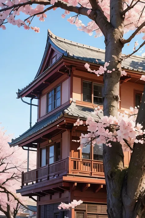 cherry blossom trees in a fantasy city