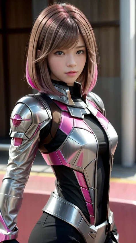 Photo of two realistic black Sazabi girls，Shortcut Bob Cut，I have a lot of hair，brown eyes，Hair color is bright pink，cool look，background is gray，16 year old daughter of Haman Khan and Char Aznable.