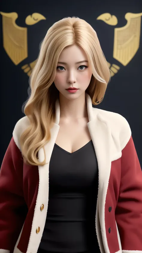 Realistic Red Sotheby Girl Photo，35 year old beautiful woman，long side waves，delicate blonde hair，cool look，background is gray，Coat of arms of the Principality of Zeon，