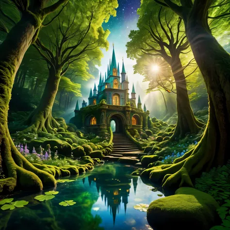 Фотоandзображенandе с двойной экспозandцandей, объедandняющее (The Magical City of Magic in the film about the fairyland of wizards and fairies) and (Волшебный портал чandстой энергandand), Волшебный Портал чandстой энергandand в центре темного звездного н...