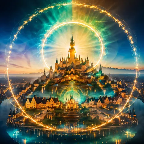 a photographic image with double exposure, energy magic circle of intertwined magical energies, magical fairy-tale city of good ...