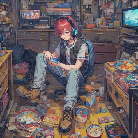 pixel art, fishbowl, fishbowl속 물고기, It&#39;s crowded with TVs and miscellaneous things.., a man sitting on trash, An entertainment program is playing on TV.., container, fishbowl을 바라보는 고양이, Handsome man, wear a headset, precise hand