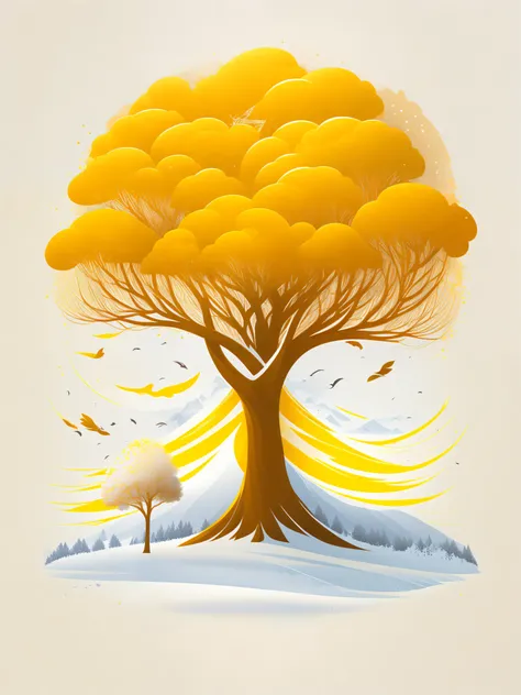 A yellow ipe tree in a winter landscape, T-shirt design, rzminjourney, vector art