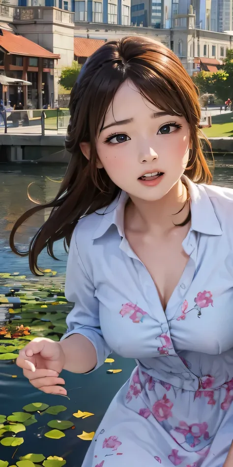 high-definition image, eyes realistic sizing, realistic skin, drooping eyes, smiling, ecstasy face, unbuttoned various patterned feminine casual dress, braid, old fashion, in the park, fall into the pond from the boat, skyscrapers,