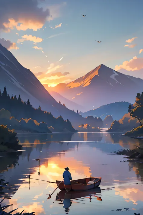 picturesque lake，Surrounded by mountains, As the sun sets, a group of birds flying across the sky, and a fisherman wearing a straw raincoat fishing from a small boat. masterpiece, best quality, 4K, nature, landscape, Sunset, birds, fisherman, Detailed envi...