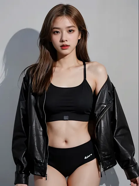 (8k、RAW Photos、top-quality、​masterpiece:1.2)、(realistic Photo-realsitic:1.37)、1girl in、japanese, 18-years old, face lights, Detailed face、Detailed lips, (wearing a black faux leather jacket over sports bra:1.5), (exposed right shoulder :1.5), right raised ...