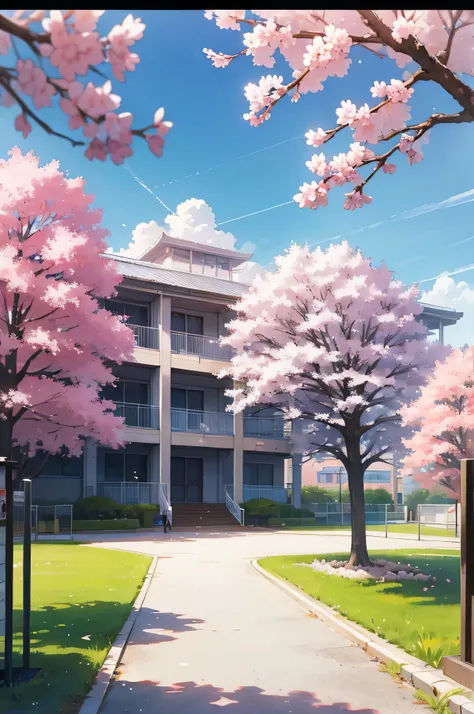 anime illustration　school playground　morning　There are many cherry blossom trees planted on the edge..、The cherry blossoms are in full bloom。　You can also see the school building in the back..