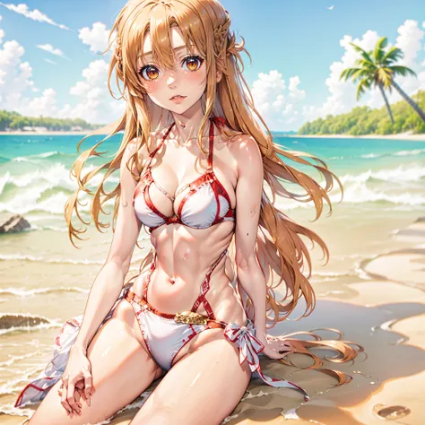 (Anime character Asuna:1.2) skinny girl, The exquisite female form of a teenage girl, enjoying a sunny day at the beach in her stylish swimsuit, basking in the warm sand, feeling the gentle ocean breeze. young cute anime girl,