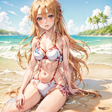 (Anime character Asuna:1.2) skinny girl, The exquisite female form of a teenage girl, enjoying a sunny day at the beach in her stylish swimsuit, basking in the warm sand, feeling the gentle ocean breeze. young cute anime girl,