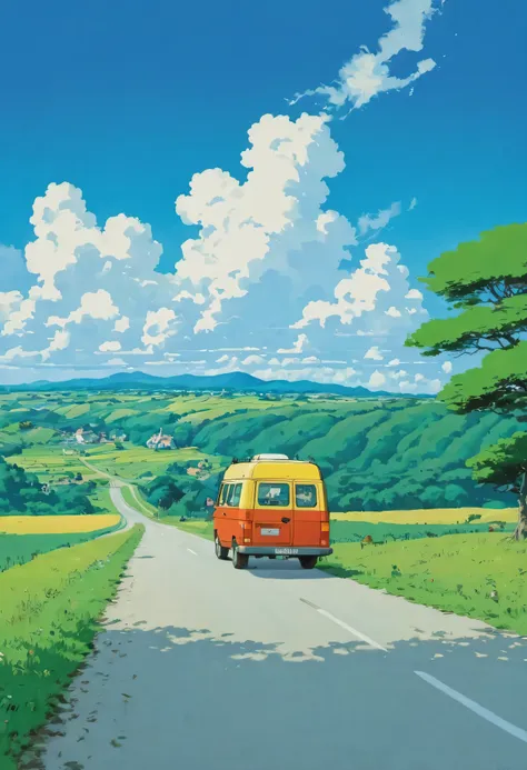 (minimalism:1.4), there is a minibus on the road, studio ghibli art, miyazaki, pasture with blue sky and white clouds