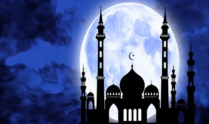 there is a large moon behind a building with a clock on it, with beautiful mosques, mosque, islamic, minarets, islam, arabian night, muslim, sufism, arabian nights, moroccan mosque, istock, shutterstock, religious, blue sky background with moon, moor, edit...