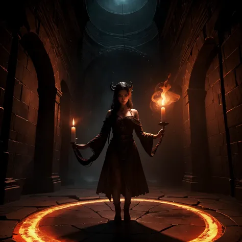 Intricate magic circle glowing with power, trapped succubus pleading for help, volcanic chamber, fiery red chamber walls, billowing smoke, intense heat, ancient runes inscribed on the floor, glowing symbols, flickering flames, ethereal atmosphere, mystical...