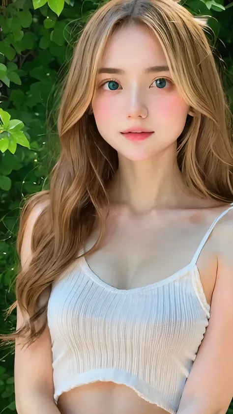 one girl、((smile:0.1))、pretty girl、chestnut hair、baby face、young、delicate girl、Upper body、small breasts、I can see your belly button、unreasonable precision、Super detailed、camisole、completely flat、Honesty、thin arms, professional lighting, film grain, chromat...