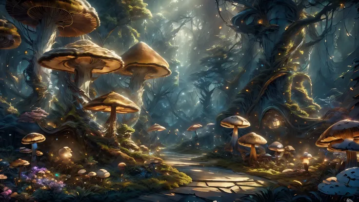 (Masterpiece), best quality, 8k, magical atmosphere, forest, majestic trees, colorful mushrooms, marble and ceramic central square, fairytale atmosphere, harmony of nature, ethereal magic, breathtaking beauty, mysterious wonder.