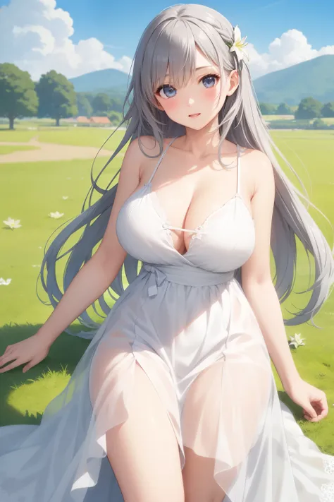 big breasts:1.2、、highest quality、very detailed、Very realistic eye masterpiece、highest quality、very detailed、gray hair、perfect face、long hair、white dress、sundress、lily、two girls、anime、kiss、countryside