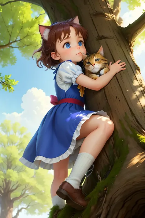 A mischievous little kitten, with its bright blue eyes wide in fear, has climbed too high up a towering oak tree and cant find its way back down. Far below, its tiny tail swishing back and forth, it cries pitifully for help. A brave girl, noticing the dist...