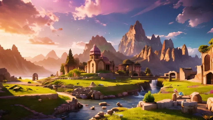 Masterpiece, pink sheep, yellow horse, ultra-realistic and detailed fantasy world scenery, a river flowing in the background, mountains in the distance, mysterious ancient ruins, sunlight shines through