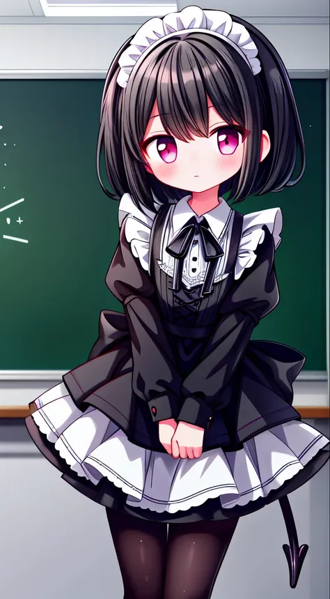 girl，short black hair，maid outfit，Black lace-up boots，white pantyhose，blush shy，classroom scene，demon