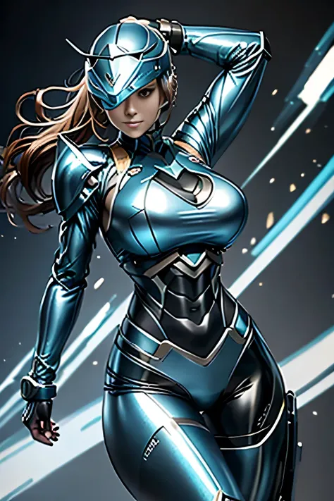 female robocop solo、Armor that completely covers the whole body、very large armor、helmet to hide eyes、metallic sky blue armor、Armor that completely covers the chest、thin and long legs、Vibrant posel body view