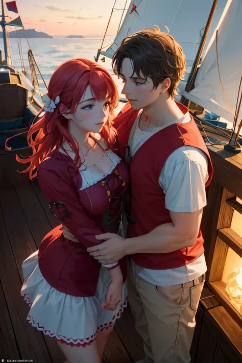 Capitana Rosa and her husband, both dressed in red uniforms, stand on the deck of their sturdy boat, as the open sea stretches before them. The sun sets on the horizon, casting a warm, orange glow on the intricately designed ship. Waves crashing against th...