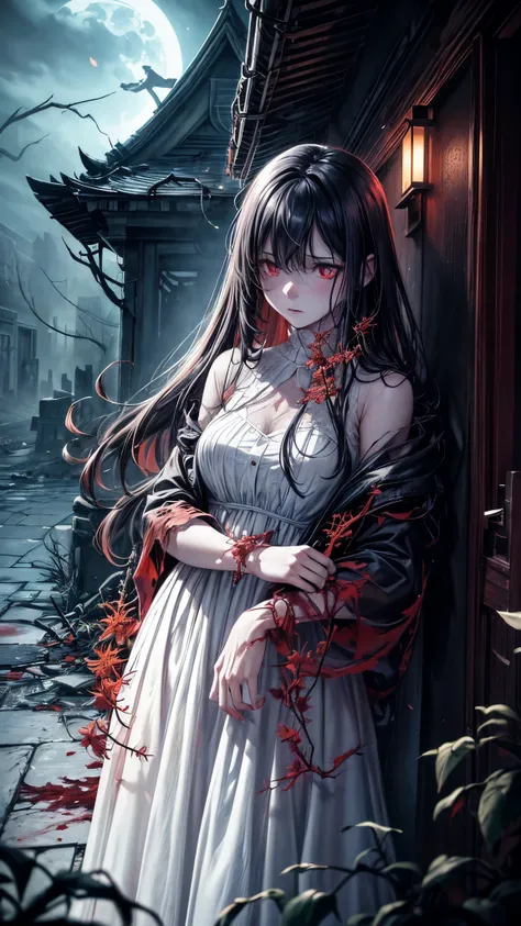 (best quality,highres,ultra-detailed,photorealistic:1.2),dark abyss,sinister,white dress girl,pale,lifeless skin,holding bright red spider lilies,subtle glowing lights,apocalyptic,ruined town,disintegrating buildings,,ominous clouds,blood moon,cracked grou...