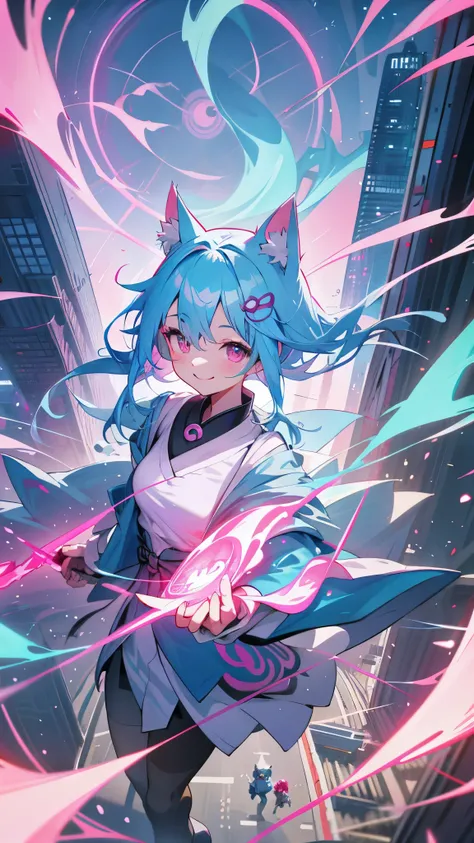 １girl、small breasts、light blue hair、dog ears、pink eyes、A big smile、wizard costume、city of the future、Being in the center of the intersection、Japan Akihabara、vivid colorful paintings、has a cane