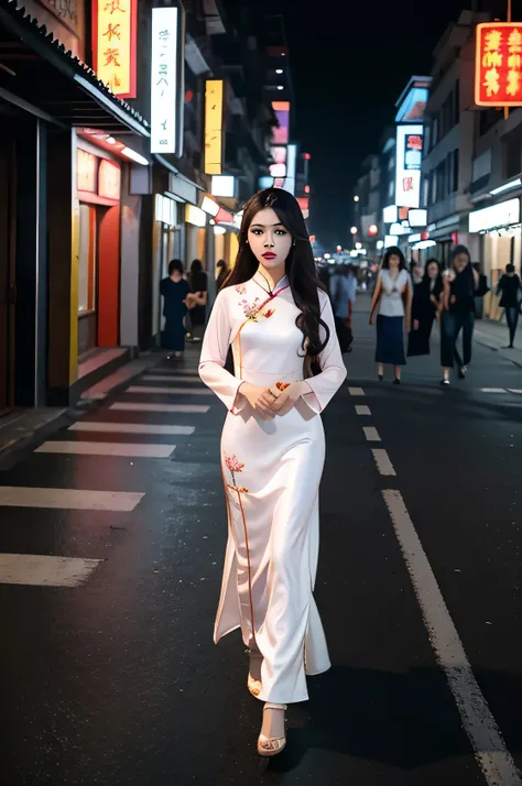 The scene is a complete portrait of&#39;un jeune, belle fille vietnamienne, aux cheveux longs, portant un ao dai marchant dans la rue, trafic intense, lampadaires scintillants.