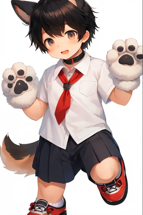 masterpiece, Best Quality, 1boy, black hair,school uniform,Realistic, ((The human)),Shota,fake dog ears,dog collar,fake dog tail,big paw gloves,big paw shoes,fluffy, white background, clean background