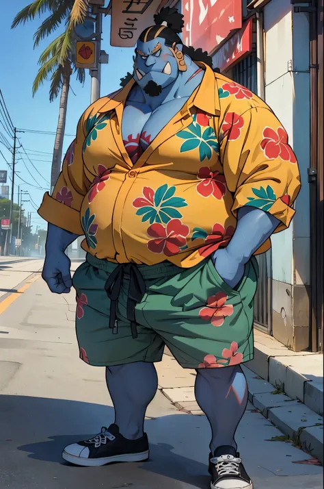 chubby man (jinbei) in street, blue skin, muscular, pectoral, wide pectoral, beach, palm, realistic, 8k, masterpiece, (wearing s...