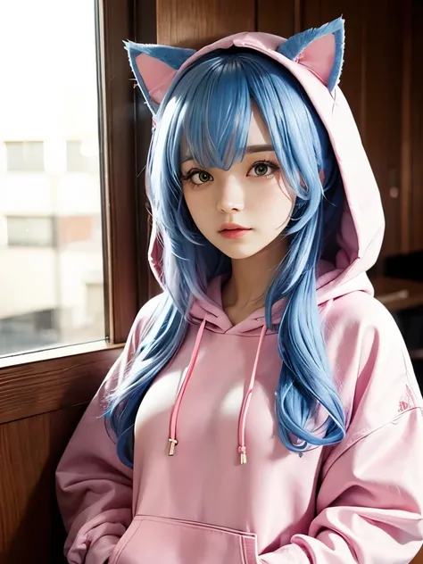 woman in pink hoodie with cat ears and blue hair, in a hoodie,