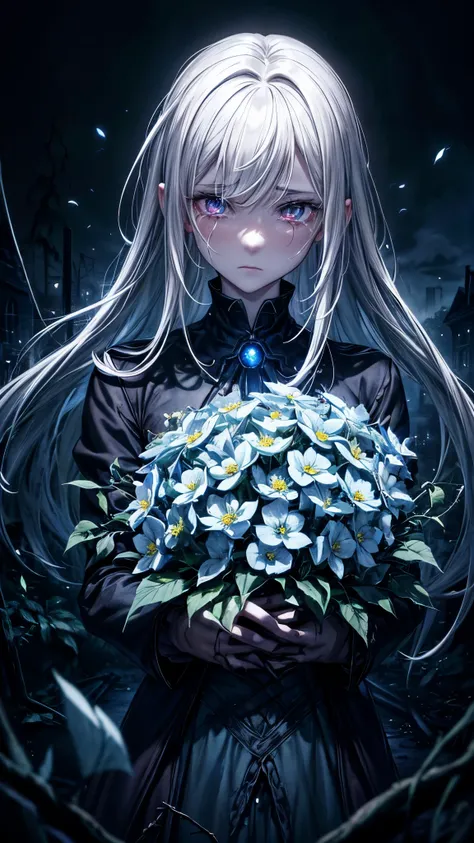 (best quality,high resolution,Super detailed,lifelike:1.2),dark abyss background，underground world,sinister,girl in rags，crying emoticon，shed tears，white hair，face close-up,Extremely pale skin,lifeless skin,holding bright red flowers,apocalyptic,ruined med...