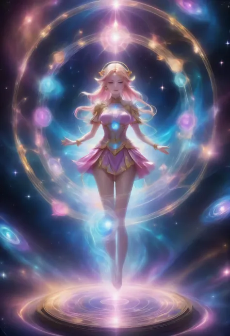 magical girl and magic circle, a magical girl standing on a magic circle and chanting magic, star-shaped magic circle: 1.3, clos...