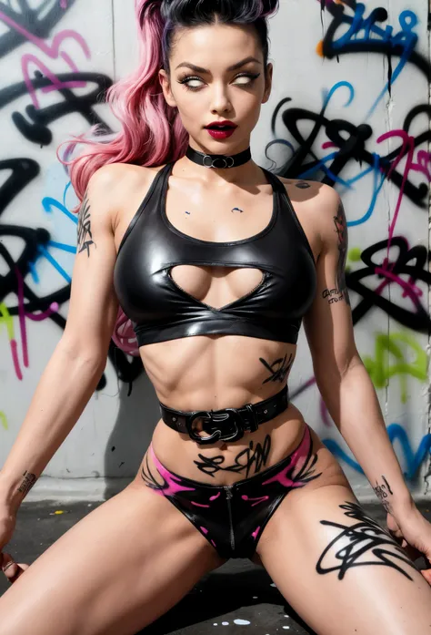 photorealistic,absurdres, skater girl model, best quality,1girl, solo, streaked hair, intricate latex crop top, tight sportswear shorts, choker, (graffiti:1.25),  paint splatter, arms behind back, (slouching), leaning back, against wall, looking at viewer,...