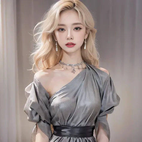 （8k）、（best image quality:1.5）、gray background、close up of face、１girl、masterpiece、delicate and sharp eyes、brown eyes、eye power、delicate face、cup、fascinating face、platinum blonde hair、Semi-long wave、cute clothes、Dress that shows your collarbones、gal、Emphasis...