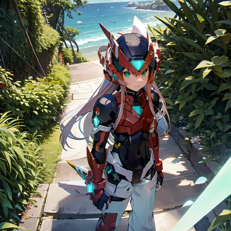 megzeromyth2023, 1boy, long white hair, red armor, green energy sword, 8k, uhd, best quality, masterpiece, intricate, overlooking the ocean on the edge of a rock, in the style of avian-themed, realistic yet stylized, villagecore, azure, orange and azure, d...