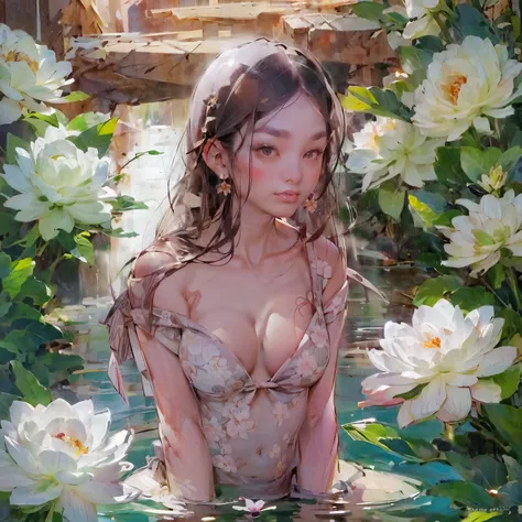 ((Create), (female naked body, fantastic space), (flowers, chrysanthemum lilies, peonies, 1 full-length solo girl, beautiful breasts), (girl, bare shoulders, (ecchi0.5), lips, splash of water, (Flowers:0.6), (birds:0.2), (bamboo0.1), (lakes), (very beautif...