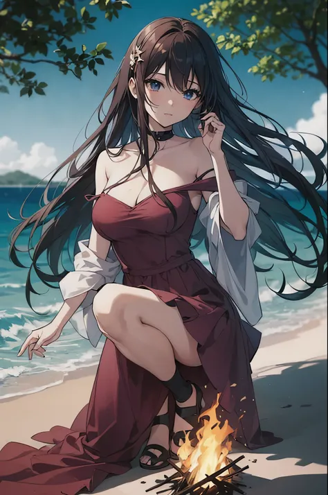 A woman with long black hair reads a book while making a bonfire at a campsite surrounded by trees by the lake at dusk.、Smooth anime CG art, hd anime wallpaper, beautiful anime, anime wallpaper, seductive anime girl, on the beach, (anime girl), beautiful a...