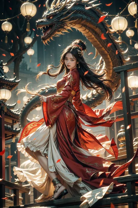 best quality，original photo，masterpiece，super detailed，Best lighting and shadow effects，high contrast，Highest resolution，Highly saturated colors，natural background，lifelike，Chinese girl in red dress，There is a dragon in the background, palace ， girl wearin...