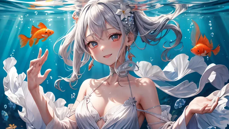 1 girl ,earrings,Goldfish ,precious stones ,sash,underwater ,Goldfish,White flower ,Akame,Behold ,get up, gray hair,clavicle,length、generally、Kamimei、looking at the viewer、white dress、Red Heavenly Womans Robe、cleavage、close up of smiling face、beautiful eye...