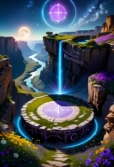 Towering steep and towering high magic circle in a cliff garden, wild flowers, asymmetric magic circle cliff canyon, ((magical inscription):1.2), (glowing runes), (glowing sigil), Coexistence with the natural environment, magic circle canyon night, clear n...