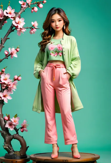 full body, solo,Light Green background,(1 Beautiful girl Models ,Stand on a round wooden base，pink Peach Blossom，T-shirt, coat, Pants, high heels),(Oriental elements, Chinese color,Very colorful)