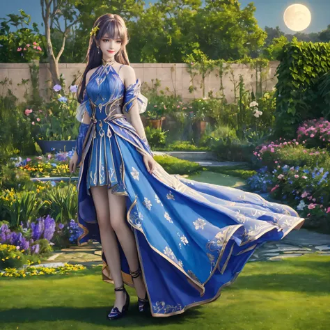 beautiful girl  wearing blue floral top , fairy dress, sweet smile,moon light, in garden view , dynamic angle photoshot, high-qu...