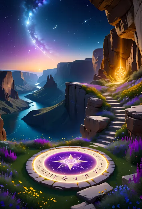 Towering steep and towering high magic circle in a cliff garden, wild flowers, asymmetric magic circle cliff canyon, ((magical inscription):1.2), (glowing runes), (glowing sigil), Coexistence with the natural environment, magic circle canyon night, clear n...