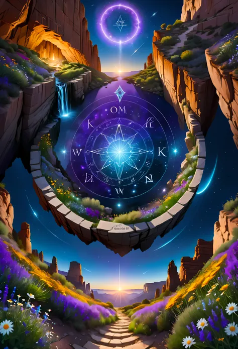 towering steep and towering high magic circle in a cliff garden, wild flowers, asymmetric magic circle cliff canyon, ((magical i...