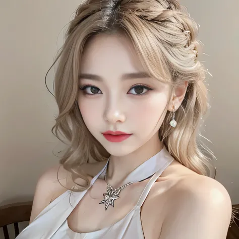 （8k）、（best image quality:1.5）、gray background、close up of face、１girl、masterpiece、delicate and sharp eyes、brown eyes、eye power、delicate face、cup、fascinating face、platinum blonde hair、Semi-long wave、cute clothes、White cheongsam dress that shows the collarbon...