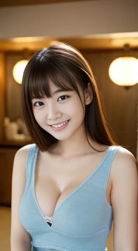 masterpiece,best quality,(Japanese ),((Beautiful girl)),cleavage,indoor,(perfect body beauty:1.2),(shy smile),beautiful teeth,